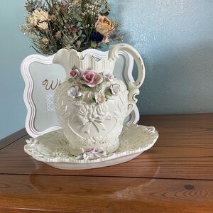 Ivory Floral Ceramic Pitcher and Basin Set - Pink Accents